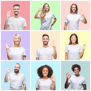 拼贴群体的人，女人和男人在五颜六色的孤立背景上微笑，积极地做好手和手指的OK标志。 成功的表达。