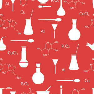 科学矢量无缝图案与烧瓶试管烧杯工具和公式。 教育要素。 化学生物医学。