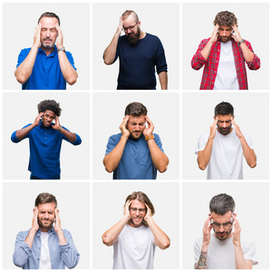 一组男性在白色孤立背景上拼贴，手在头部疼痛，因为压力。 偏头痛。
