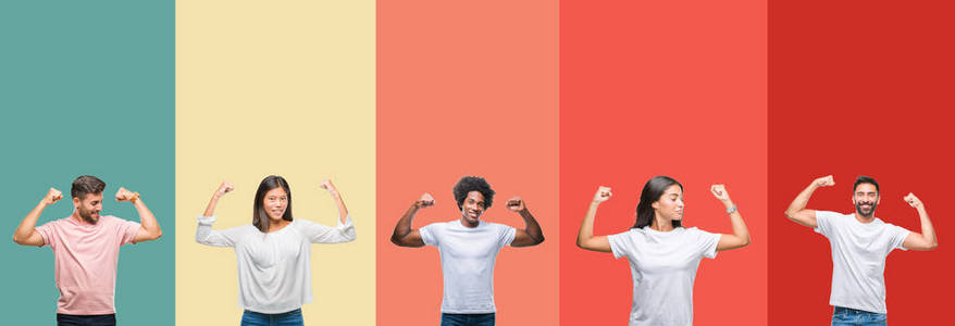 拼贴不同民族的年轻人在五颜六色的条纹上，孤立的背景显示手臂肌肉微笑自豪。 健身理念。