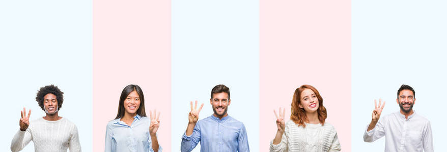 拼贴的一群年轻人在五颜六色的孤立背景上，用手指第三，同时微笑，自信和快乐。图片