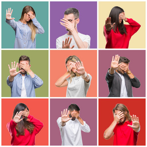 拼贴群体的人，女人和男人在五颜六色的孤立背景上，用手遮住眼睛，用悲伤和恐惧的表情做停止的手势。 尴尬和消极的概念。