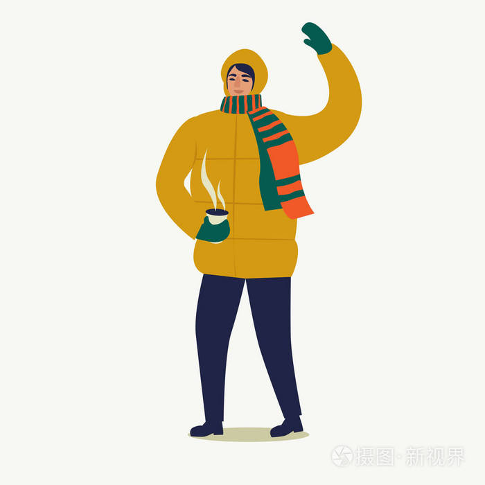 一个穿着羽绒服的男人带着一杯咖啡走着圣诞快乐新年快乐人们正在为