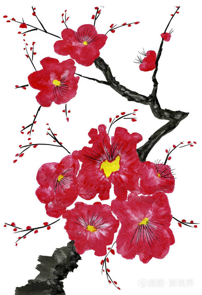 水彩和水墨插图在风格苏米-e,u-辛.东方传统绘画.