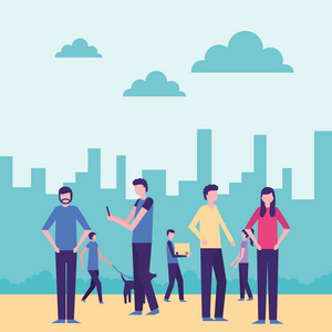 社区活动城市遛狗人互动矢量插图