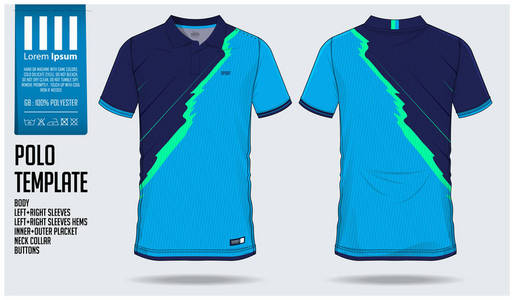 蓝色马球t恤运动模板设计的足球球衣，足球套件或运动衫。运动制服前视和后视。运动俱乐部的T恤造型。矢量插图。