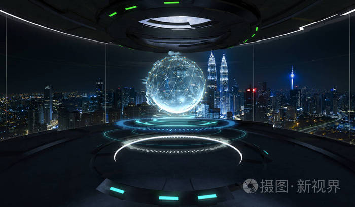 未来主义室内设计,空空间房间与虚拟地球与连接点无线通信网络的空间