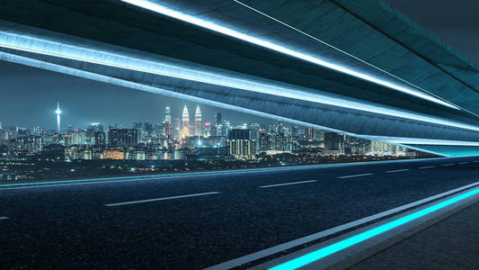 具有蓝色霓虹灯和城市景观背景的未来风格公路