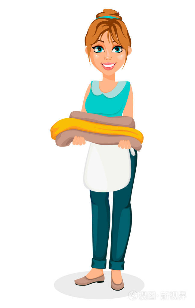 卡通人物持有新鲜干净的亚麻布. 白色背景上的矢量插图.