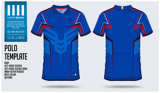 蓝色马球T恤运动模板设计足球球衣足球套件或运动衫。 运动制服在前视图和后视图。 运动俱乐部的T恤衫被嘲笑。 矢量图。