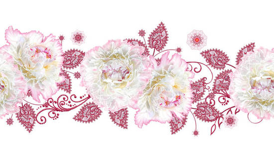 无缝图案。 装饰装饰佩斯利元素，精致的纹理叶子，由精细的花边和珍珠制成。 宝石闪闪发亮的卷发，花蕾，粉彩玫瑰。 开放式编织细腻。