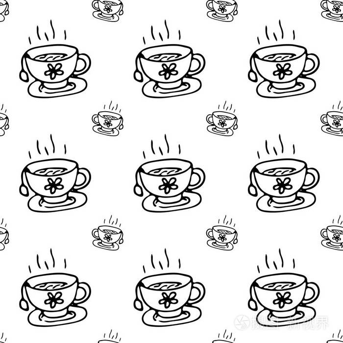 无缝图案手绘茶杯. 涂鸦黑色素描. 符号符号. 装饰元素.