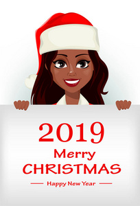 圣诞快乐，新年快乐。 非洲裔美国妇女穿着圣诞老人服装，可用于登陆页贺卡等。 卡通人物拿着大大的标语牌和问候。 矢量插图