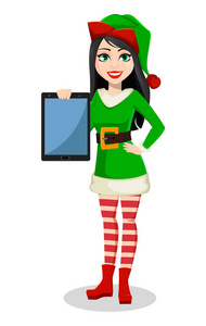 圣诞快乐，新年快乐。 穿着精灵服装的漂亮女人。 圣诞老人助手女士卡通人物持有平板电脑。 矢量插图