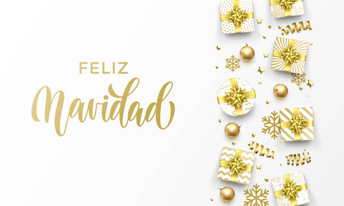 费利兹纳维达圣诞快乐西班牙金色贺卡的黄金礼物，星星，纸屑和雪花。 矢量溢价圣诞设计模板书法字体金色背景文字
