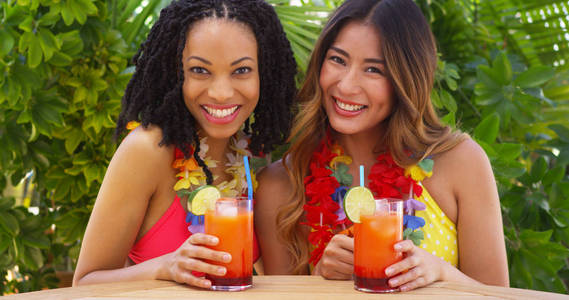 非裔美国人和日本人最好的朋友一起享受热带度假