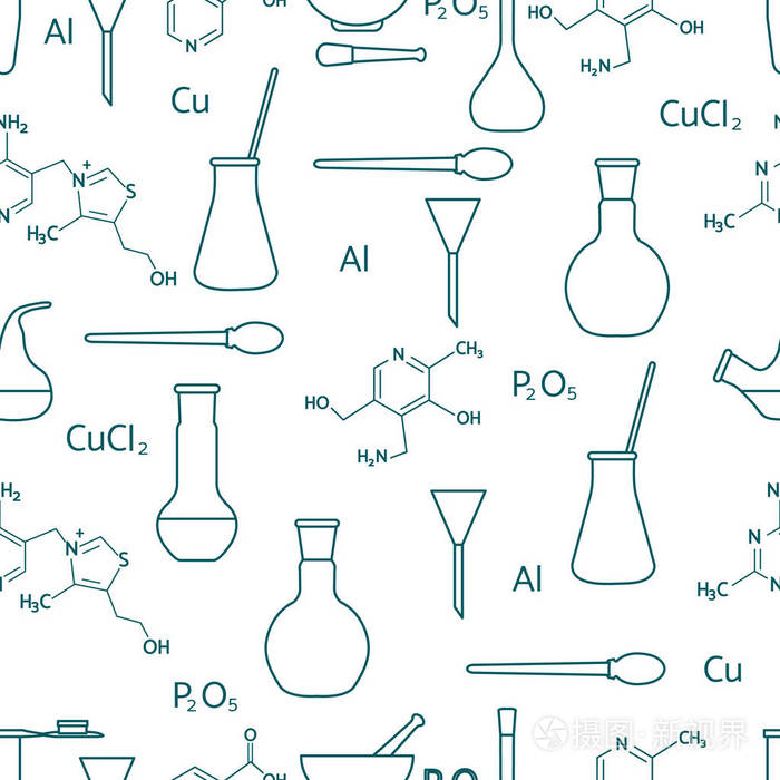 科学矢量无缝图案与烧瓶试管烧杯工具和公式教育要素化学生物医学