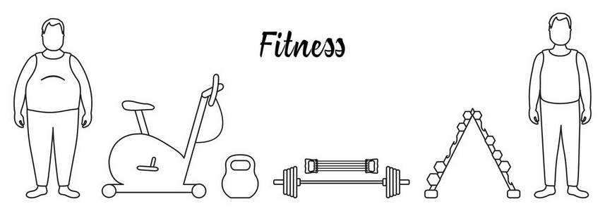 健身和运动的时间。 健康的生活方式。 参与运动的男人。 减肥。 运动器材运动自行车扩张器，杠铃，哑铃，水壶。