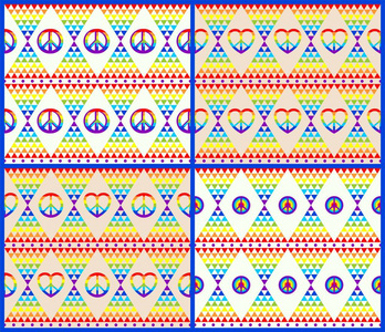 老式嬉皮士无缝壁纸系列彩虹嬉皮士符号和迷幻抽象三角形彩色图案。