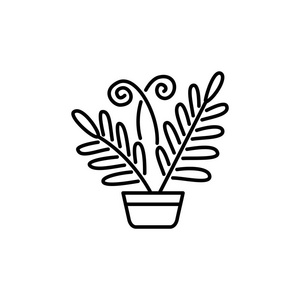  white vector illustration of fern with leaves in pot. Decorativ