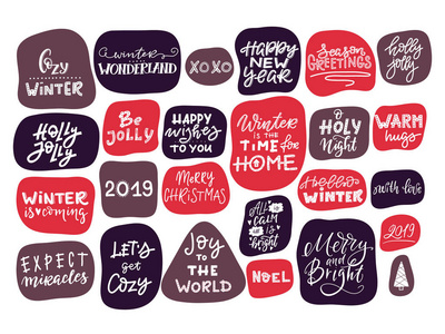 矢量冬季刻字。 手绘短语和引号。 圣诞快乐。 新年快乐2019。排版设置横幅，贺卡，礼品标签等。