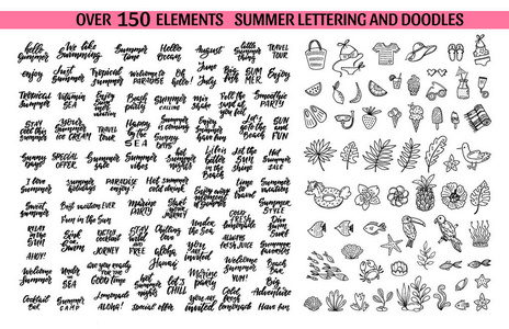 矢量夏季大套手绘元素和刻字。 夏季短语和引文孤立。 可爱的涂鸦元素为您的设计。