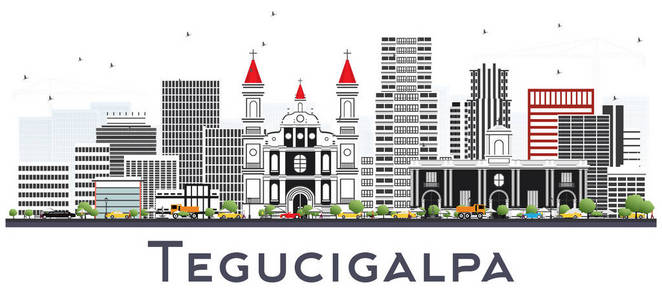 洪都拉斯城市天际线与白色建筑隔离。 矢量图。 现代建筑的商务旅游和旅游理念。 具有地标的特古西加尔巴城市景观。