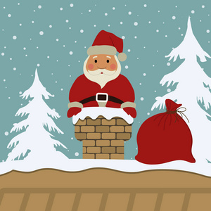 圣诞老人带着一个红色的袋子在烟囱上的蓝色背景。 图中还有雪覆盖的杉树。 它可以作为圣诞作文的设计元素。 矢量图像