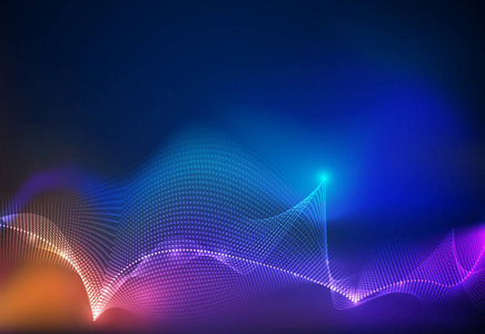 插图抽象发光霓虹灯效果波浪线波浪图案。 蓝色背景上的矢量设计通信技术。 网页或横幅背景的未来数字技术