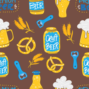 矢量啤酒节无缝图案与椒盐卷饼小麦啤酒玻璃和啤酒罐在白色背景。 完美的壁纸礼品纸节日贺卡。