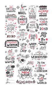 矢量冬季和圣诞节刻字。 斯堪的纳维亚与假日元素。 手套可可花圈槲寄生礼品盒圣诞老人鸟。 印刷设计。 矢量图。