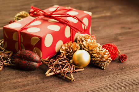 s Day festive decoration, golden balls, multicolored fir cones a