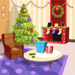 圣诞节寒假家具和室内房间矢量。 公寓，墙上有照片，椅子和桌子，壁炉，花环和袜子。 礼物及礼品盒庆祝活动