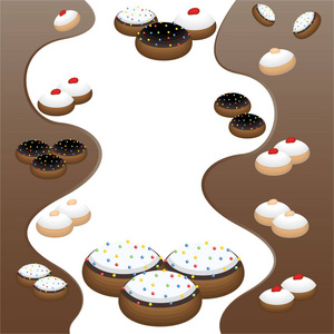 可爱的平面卡通页面模板，有许多甜甜圈，甜甜圈，甜甜圈，美味的甜果冻甜甜圈，光明节象征树莓果冻，巧克力，白巧克力，德莱切。