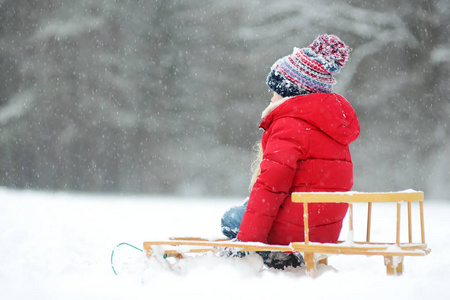 有趣的小女孩在美丽的冬季公园里玩雪橇