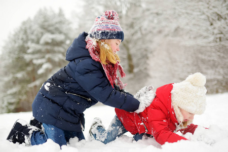 两个小女孩一起在美丽的冬季公园玩