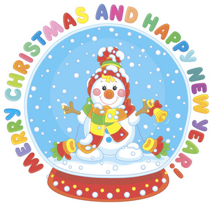 圣诞快乐，新年快乐。 彩色贺卡与水晶球与有趣的玩具雪人友好微笑和降雪内矢量插图卡通风格