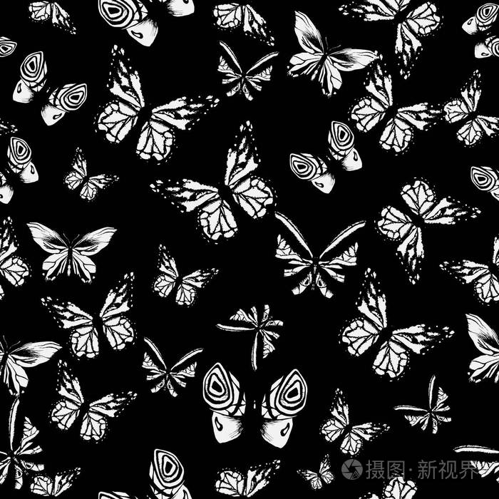 用黑色画白色蝴蝶. 可爱的背景纸设计织物包装纸和壁纸. 无缝图案.