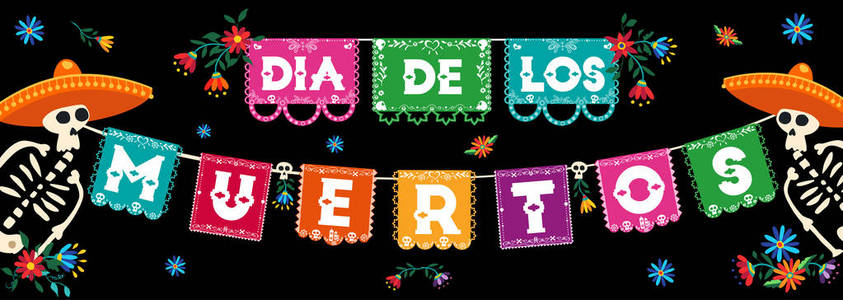 用西班牙语制作的死网横幅插图，用糖盖骨和彩色纸旗庆祝墨西哥传统文化节日。