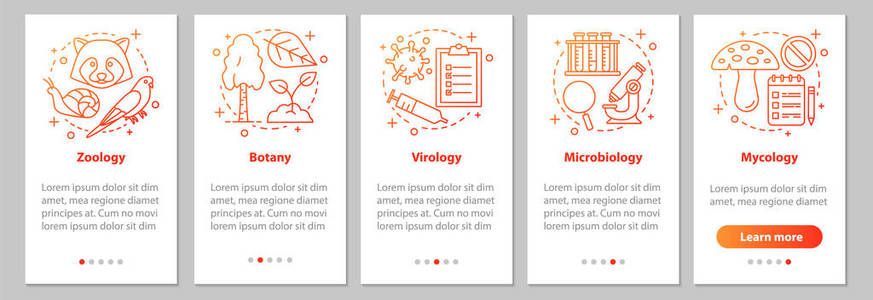 生物学分支，车载移动应用程序页面屏幕与线性概念。动物学，植物学，病毒学，微生物学，真菌学步骤图形说明。带有插图的UXUIGU