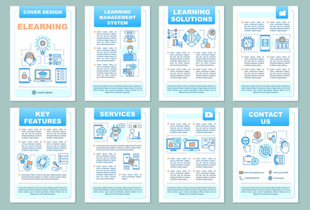 电子学习小册子模板布局。在线学习。传单，小册子，传单印刷设计与线性插图。远程教育。杂志报告广告海报的矢量版面