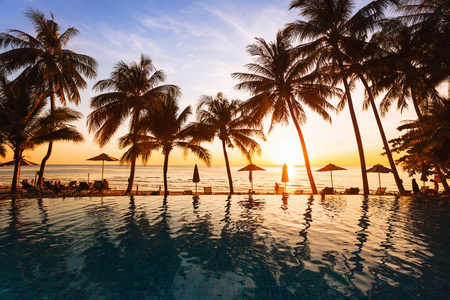 海滩上美丽的日落假日背景图片酒店游泳池棕榈树的轮廓