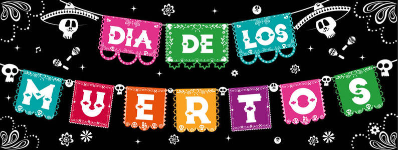 一天的死网横幅插图西班牙语传统墨西哥文化节日庆祝与糖头盖骨和彩色纸旗。