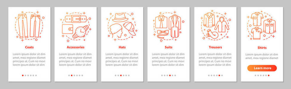 s clothes onboarding mobile app page screen with linear concepts