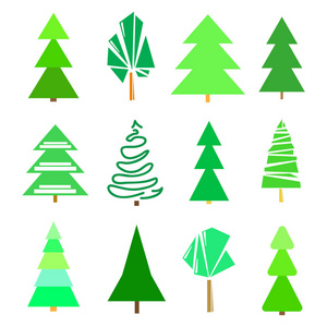 白色的绿树和圣诞树。 设置孤立背景上的图标。 几何艺术。 时尚设计通用系列