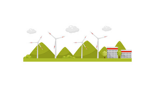 涡轮机风车现代风力发电站风车能量涡轮机,建筑物和青山替代电源