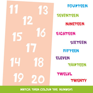 匹配，然后着色数字11至20。儿童单词学习游戏工作表与简单的彩色图形。 儿童教育学习色彩主题和词汇。 矢量插图