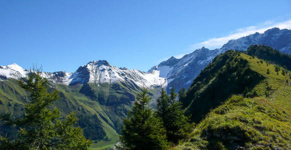 第一场雪落在瑞士阿尔卑斯山的高绿色山峰上，山脊锯齿状，下面是深绿色的山谷