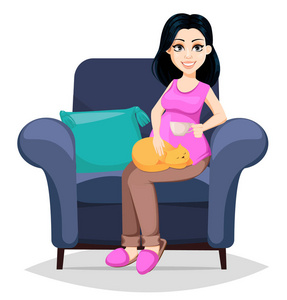 孕妇。 美丽的女士准备做母亲。 可爱的卡通人物坐在舒适的扶手椅上，抚摸一只猫。 白色背景下分离的矢量插图