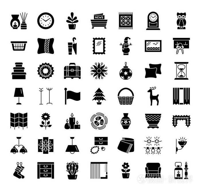 家庭装饰用品. 墙上的艺术品,时钟,窗口处理,植物灯架. 图标收集.